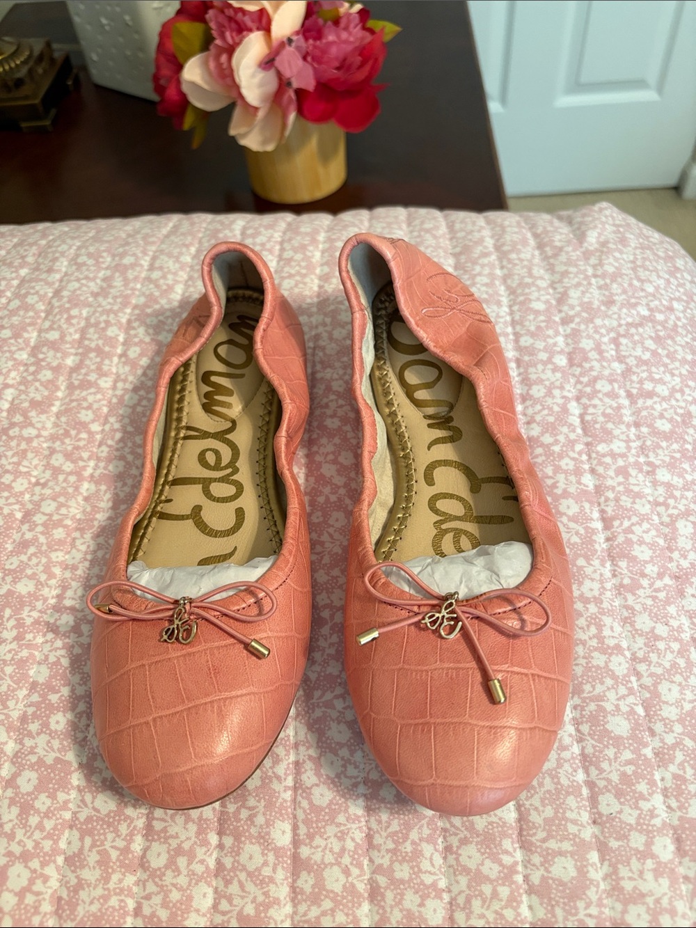 Sam Edelman Coral Croc-Embossed Bow Flats